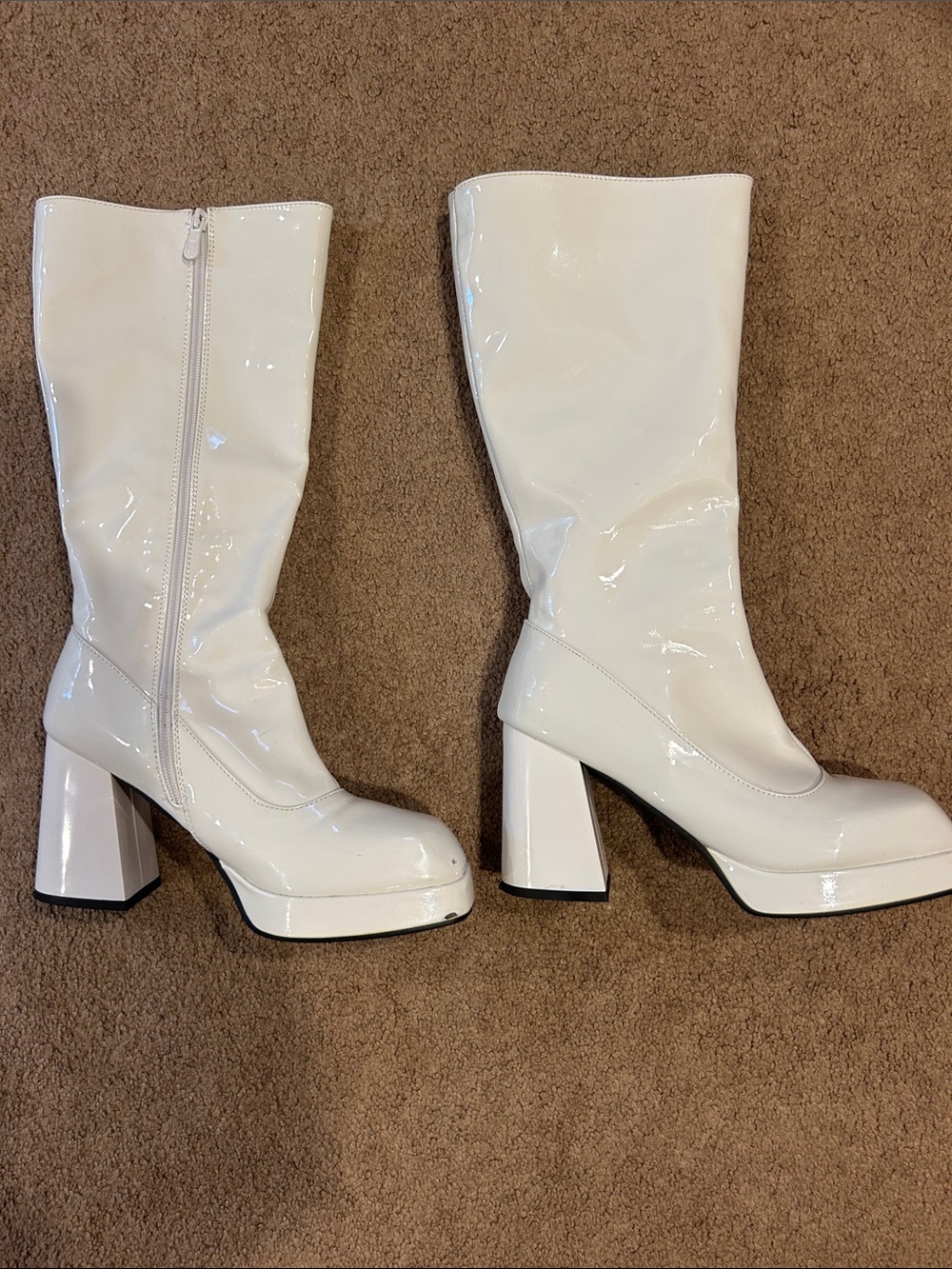 White Patent Mid-Calf Block Heel Boots with Side Zip